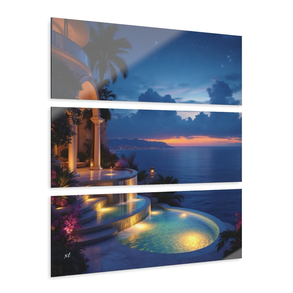Tropical Sunset Triptych Acrylic Print — Ocean View Pool Landscape Wall Art